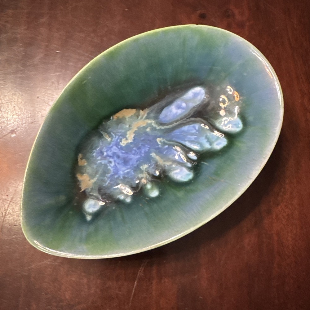 Vintage Art Pottery Trinket Dish Ashtray Blue Green Glaze Teardrop MCM
